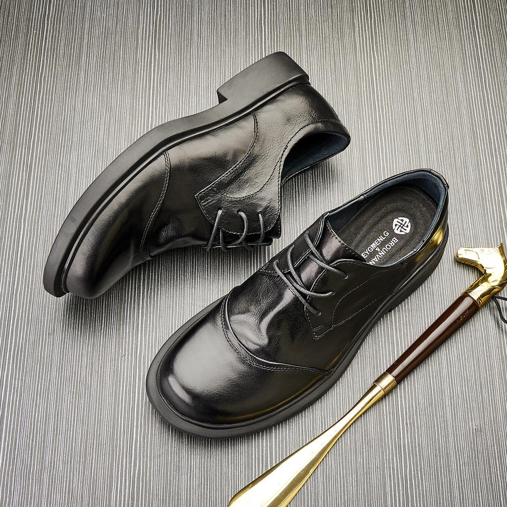 Мужские кожаные туфли с низким верхом, на круглой платформе, из мягкой кожи, на шнуровке, повседневные деловые туфли, модные универсальные туфли небольшого размера из кожи