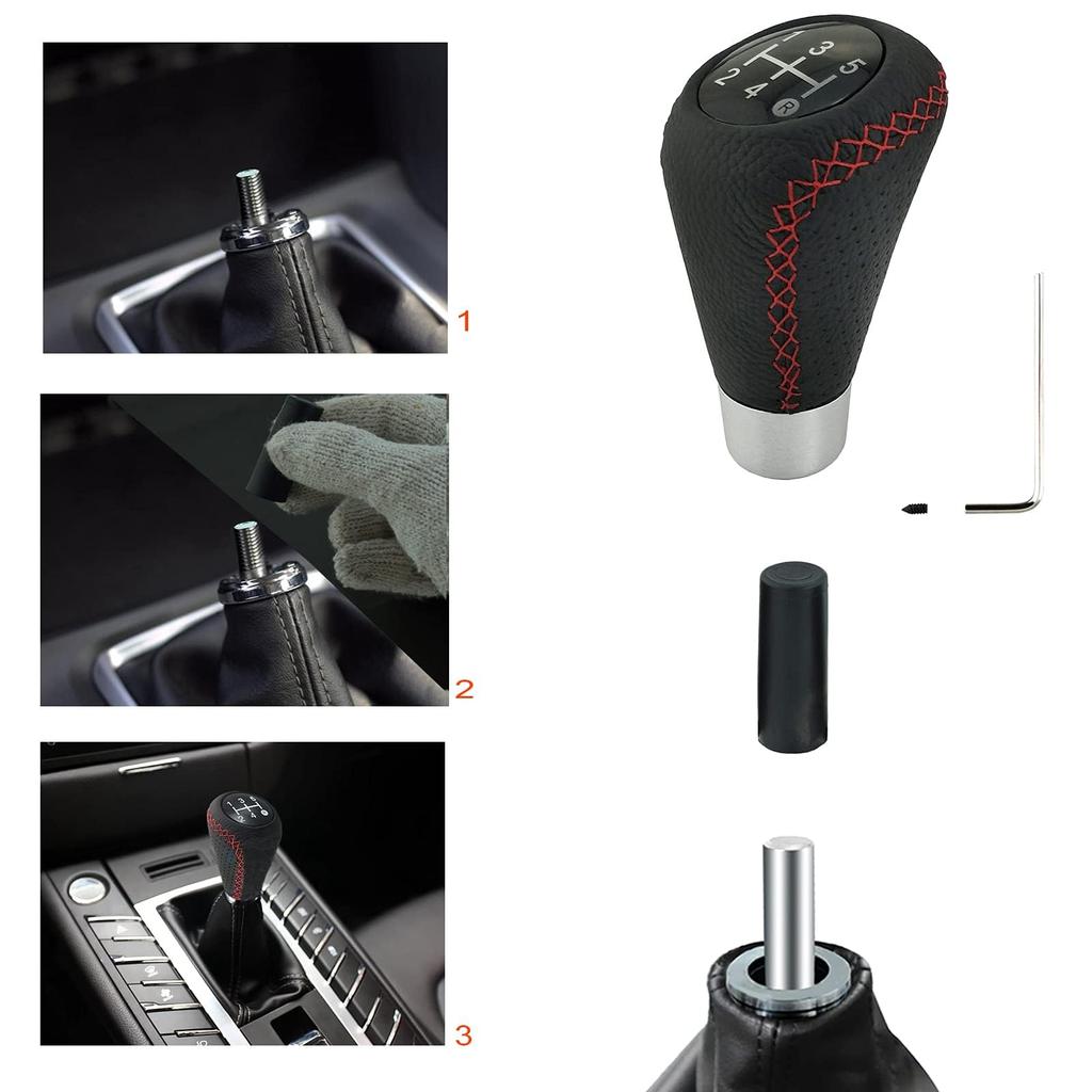 Lunsom 5 Speed Shift Knob PU Leather Car Gear Shift Lever Shift Knob Replacement for Manual Car (Red Stitch)