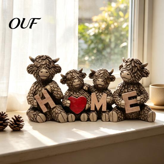 Gift for Family Members Highland Cow Figurine, Resin Cattle Statue Holding HOME Letter Sign, Stable Table Decoration Farmhouse Tabletop Ornament,