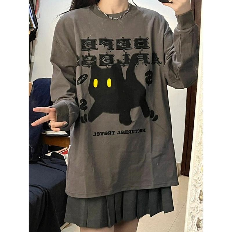 Grunge Cat Tshirts Women Harajuku Korean Fashion Oversize Long Sleeve T Shirts Female Hip Hop Vintage Gray Top Loose
