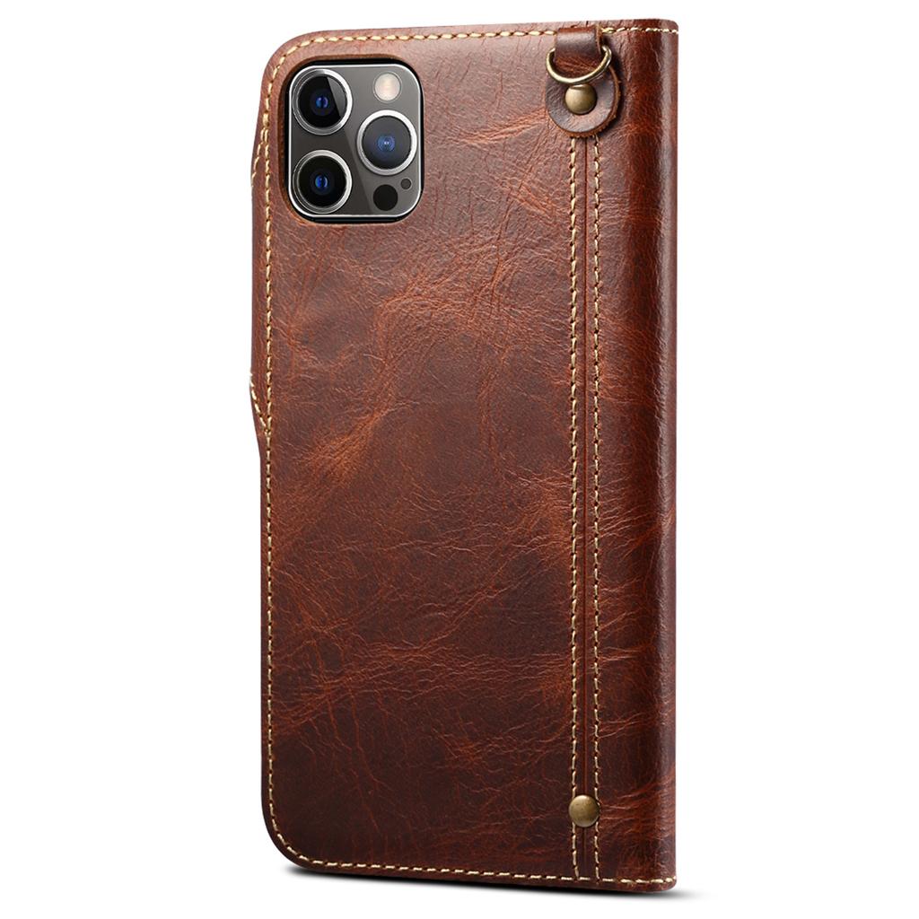 Wallet Phone Shell for iPhone 14 Pro Case Waxy Genuine Cow Leather Cover with Card Slot