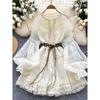 French Royal Style Fairy Dress Women's Sweet Embroidery Tie-Neck Waist-Tight Lantern Sleeve Ruffles Vacation Pettiskirt