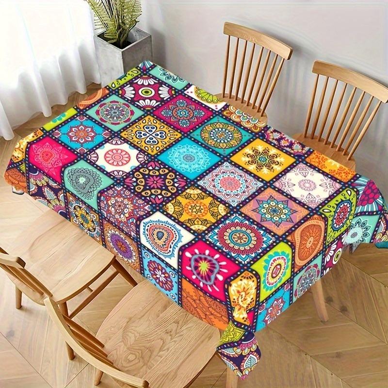 1pc Bohemian Patchwork Print Tablecloth, Durable Polyester Fabric, Vibrant Mandala Design, Square/rectangular Tablecloth for Dining and Kitchen Decor,