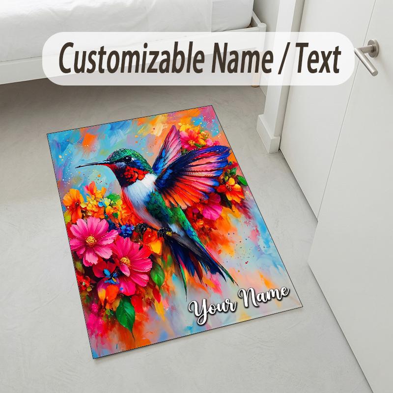 Hummingbird Fantasy Theme Soft Crystal Velvet Rug Custom Name & Text Print Non Slip Floor Rug for Bedroom Living Room