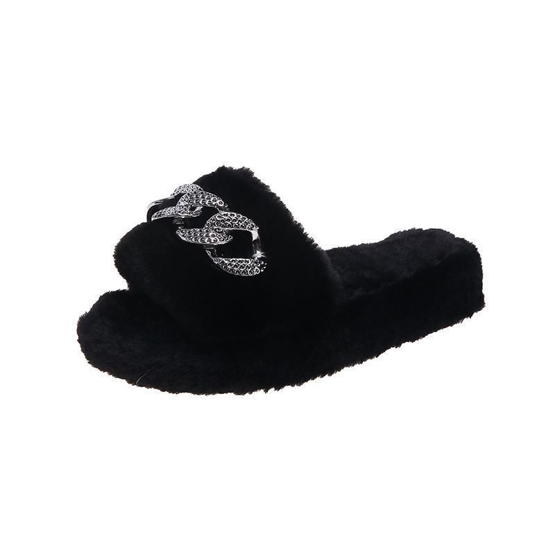 Cute Warm Fluffy Slippers Women Cozy Faux Fur Cross Indoor Floor Slides Flat Soft Furry Shoes Ladies Female Celebrities