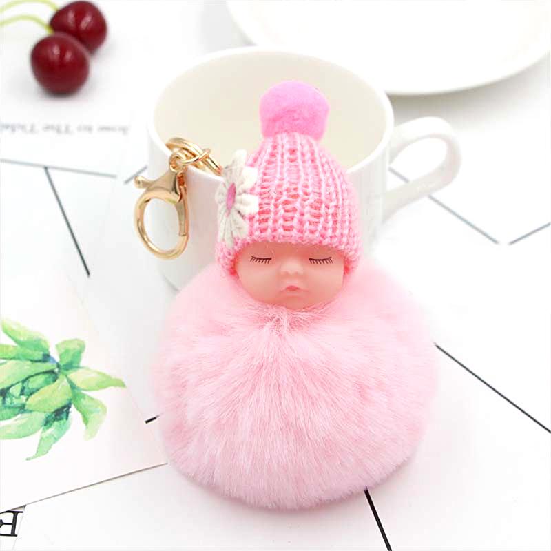 1PC Cartoon Lovely Women Baby Sleep Doll Keyring Plush Bag Pendant Fluffy Fur Ball