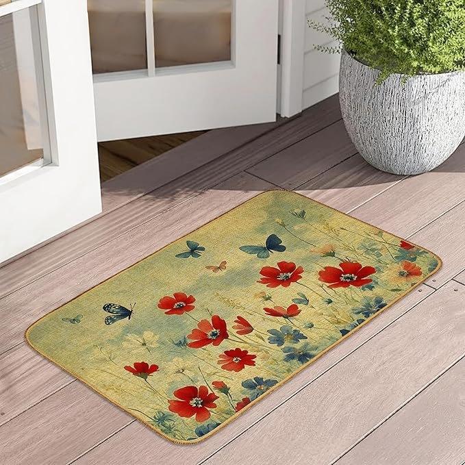 Retro Butterfly Floor Mat Bathroom Door Mat Dirt Resistant and Easy To Maintain Foot Mat
