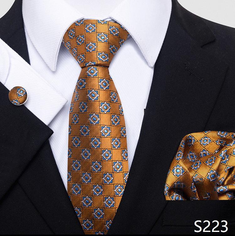 Men's 8cm Solid & Polka Dot Plaid Tie Set with Cufflinks & Pocket Square