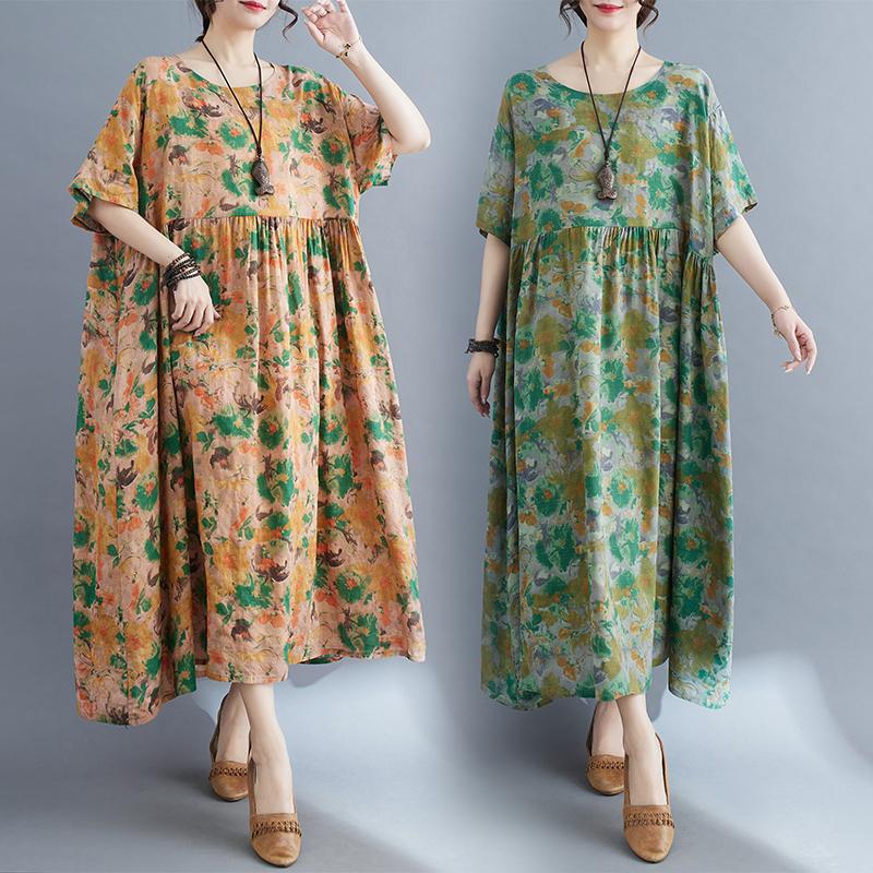 DIMANAF 2025 Летнее платье больших размеров для женщин Повседневное длинное винтажное льняное платье Свободное базовое платье с цветочным принтом