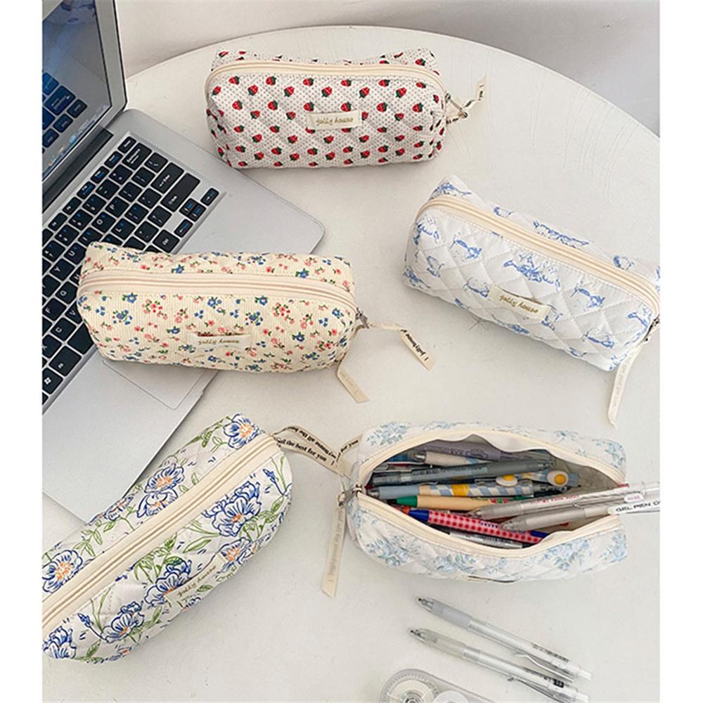 Vintage Fresh Floral Pencil Bags Korean Style Cute Multi-Functional Handbag Student Pencil Cases Stationery Supplies
