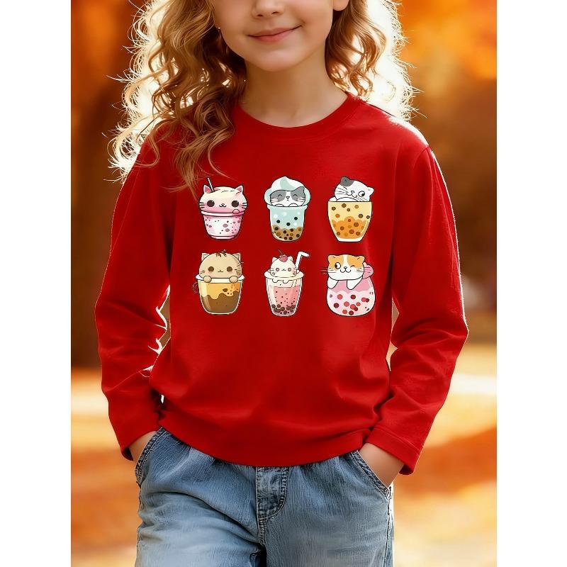 European sizes Kids' Long Sleeve Top, Fashionable Round Neck Sweatshirt with Fun Cat and Bubble Tea Print, Cute Top for Casual Daily Wear