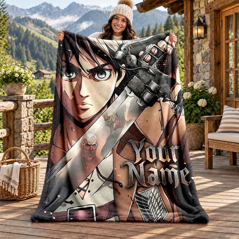 Attack on Titan Custom Name Flannel Blanket Personalized Soft Warm Plush Throw Blanket Customized Gift for Family Friends