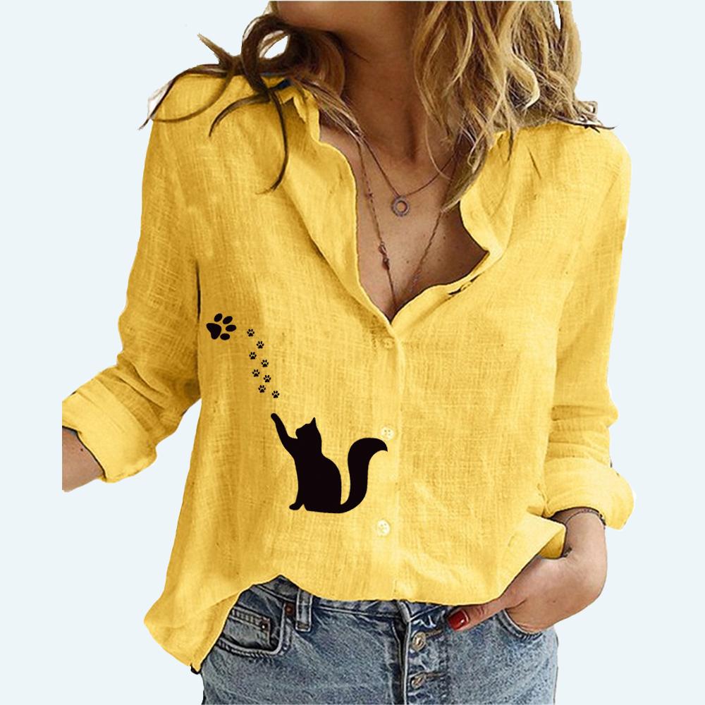 Women Fashion Lapel Neck Long Sleeve T-shirt Summer&fall Casual Printed Cotton Linen Top Female Loose Buttoned Blouses