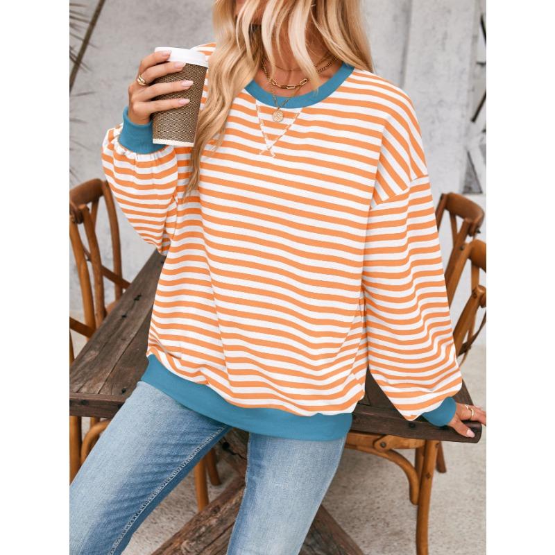 Simple Home Leisure New, Striped Pattern Round Neck Trend Long Sleeve, Pullover Color T-shirt