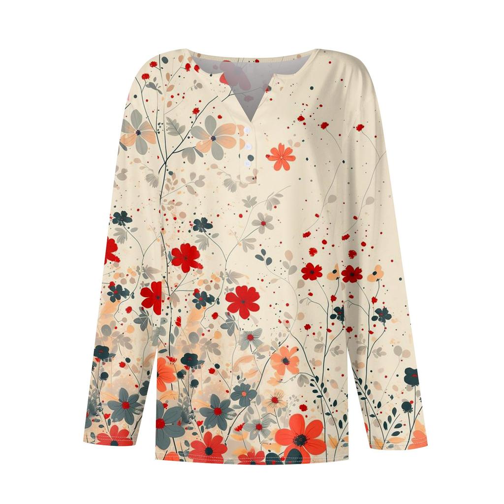 Женская модная повседневная футболка с v-образным вырезом и длинным рукавом с принтом, топ на пуговицах