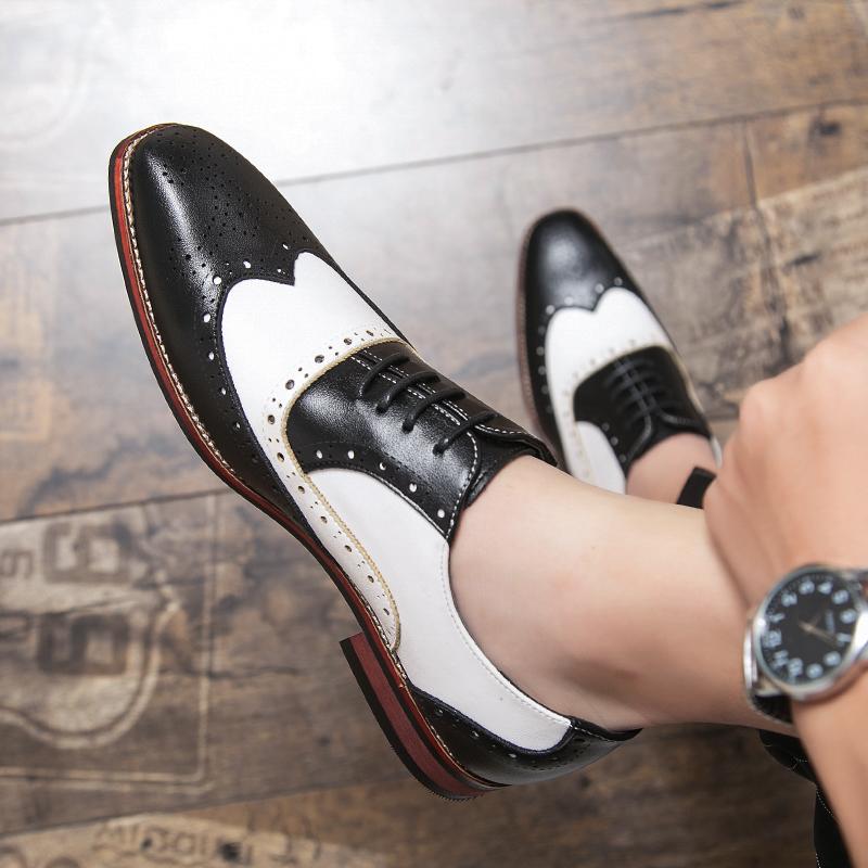 New Luxury Designer Men's Pointed Black With White Patchwork Dress Oxford Shoes Moccasins Wedding Prom Sapato Social Masculino