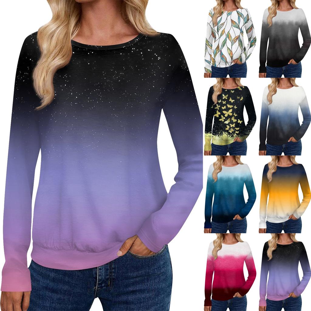 Women's Fashionable Casual Long Sleeved Printed Off Shoulder Round Neck Top