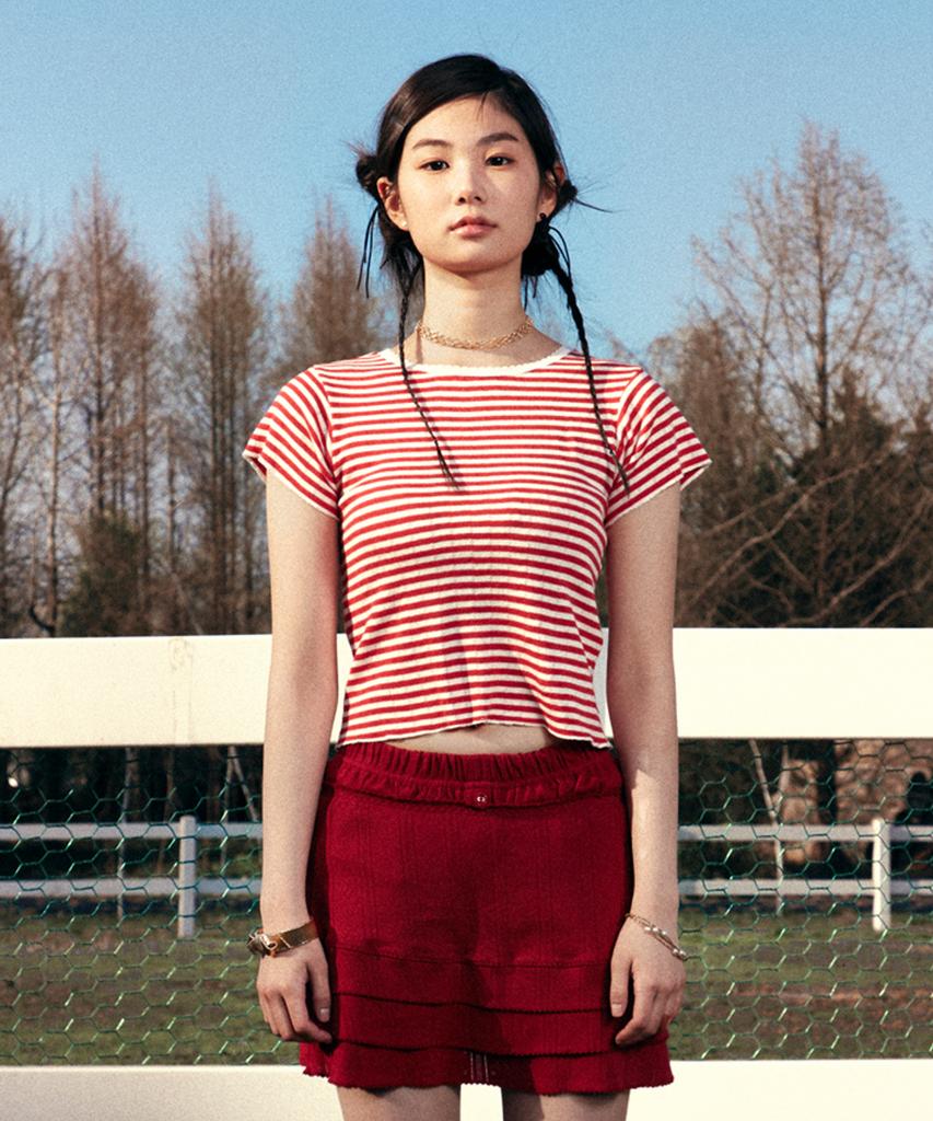 YOUHEE Lace Stripe T-Shirts Red