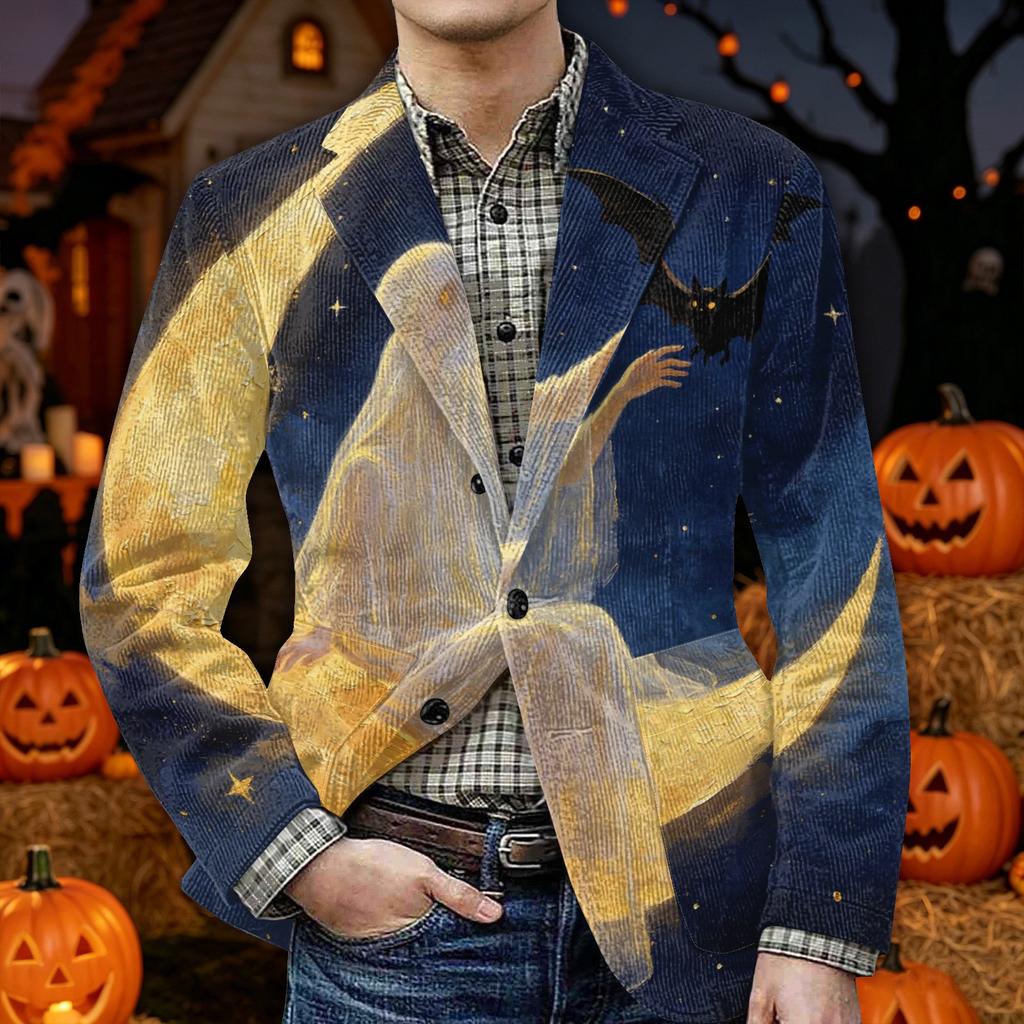 Men's Corduroy Blazer Jacket with Halloween Print Warm Casual Suit Jacket with Pockets Button Front Cardigan Style Outerwear