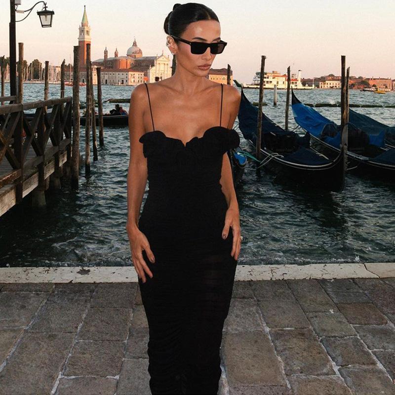 Платье-комбинация с оборками и складками, женское облегающее, с запахом, длинное, сексуальное, с открытой спиной, на бретелях, летняя новая мода