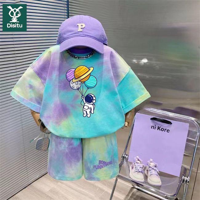 Комплект из двух предметов для мальчиков с принтом космонавта, лето 2024: Футболка с коротким рукавом и универсальные шорты