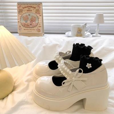 Жемчужный бант маленькие кожаные туфли осень толстый каблук липучка розовые круглый носок туфли Мэри Джейн