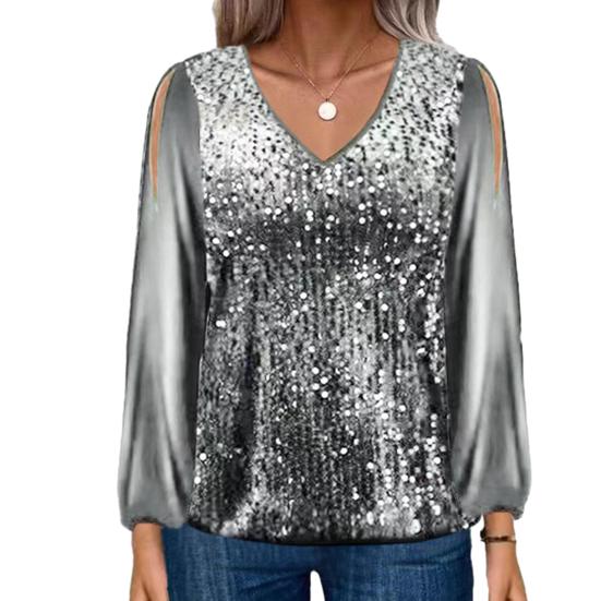 Осень-весна женский топ с длинным рукавом-фонариком и блестками свободный лоскутный пуловер с v-образным вырезом мягкая дышащая женская однотонная блузка