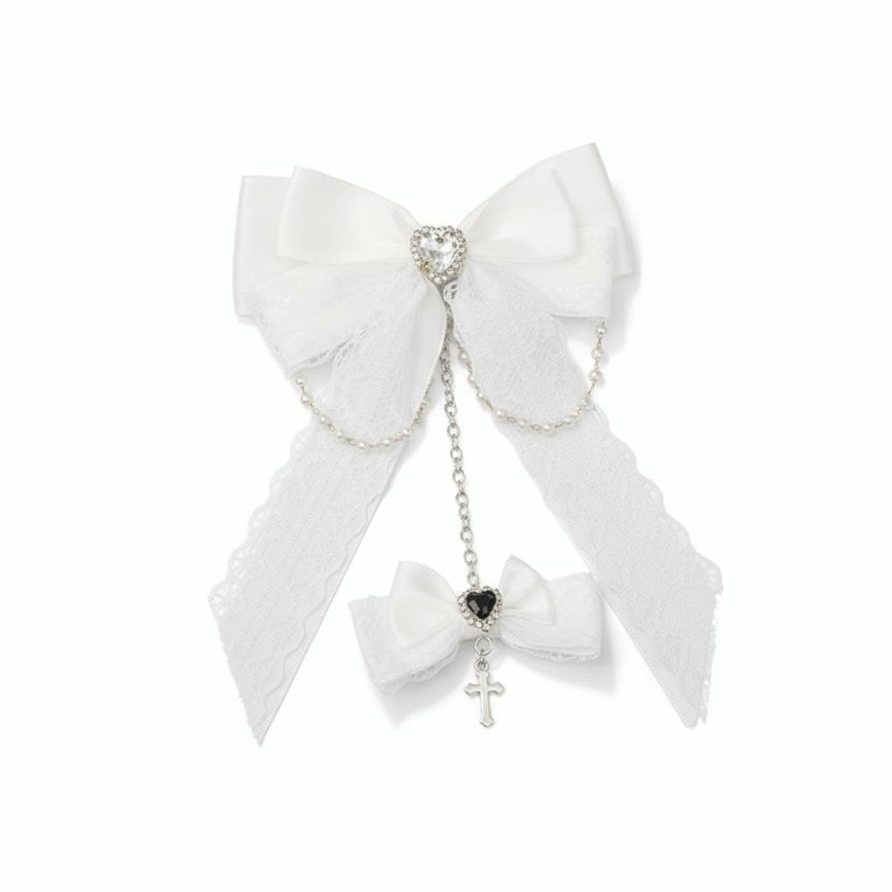 Chain Detail Lace Bow Hair Clips Rhinestone Decoration Side Barrettes Hair Clip Punk Style