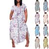 Женское платье макси с цветочным принтом, летнее повседневное платье с коротким рукавом, сарафан с V-образным вырезом, длинные платья с карманами, пляжный отдых