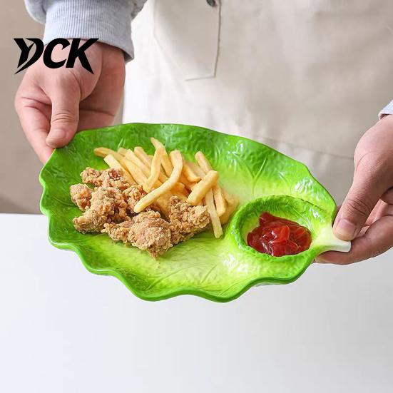 Novelty Food Tray with Sauce Compartment Ceramic Dumpling Plate Integrated Dipping Saucer, Cabbage Shaped Green Glaze Leaf Design Creative Serving