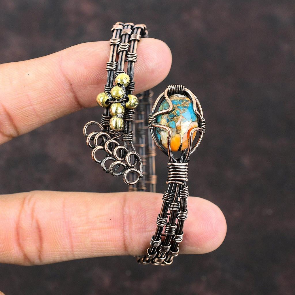 Колючая устрица медно-бирюзовый браслет-манжета, медная проволока, обернутая в ювелирные изделия, регулируемый браслет ручной работы, красивый браслет с драгоценными камнями, подарок для нее