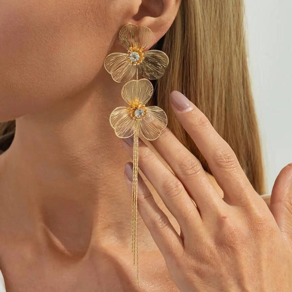 SHIXIN Elegant Rhinestone Flower Long Tassel Drop Earrings for Women Luxury Metal Petal Floral Pendant Earring Wedding Jewelry