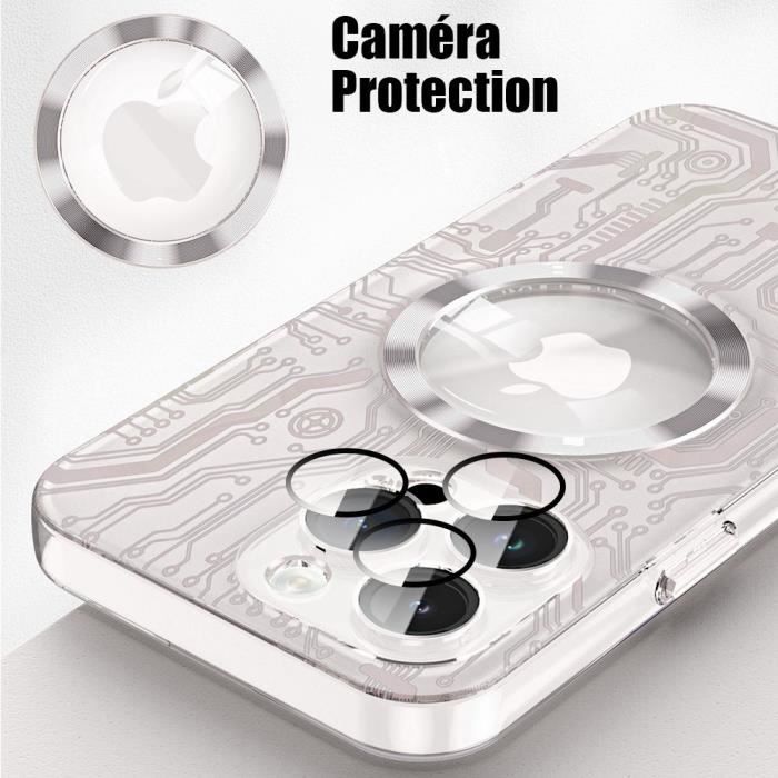 Coque pour iPhone 15 Pro - Translucide Antichoc avec Cercle Magnétique et Protection Caméra Arrière - Motif Circuit Imprimé