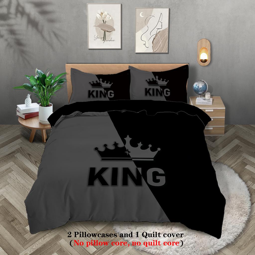 3pcs Fashionable Black Grey KING and QUEEN Design Printed Bedding Set, Soft, Comfortable, Breathable Duvet Cover, Bedroom