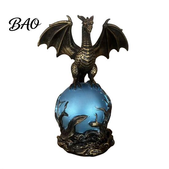 Resin Dragon Sculpture Statue with Ball, Dark Style Figurine, USB Powered Desktop Ball Lamp Ornaments, Fantasy Gift for Men & Lovers Mythical Creature