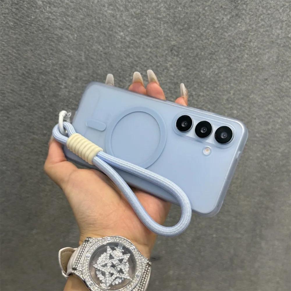 Magnetic Translucent Lanyard Phone Case For Samsung Galaxy S26 S25 S24 S 26 Ultra Plus Cases Hand Wrist Strap Matte Back Cover