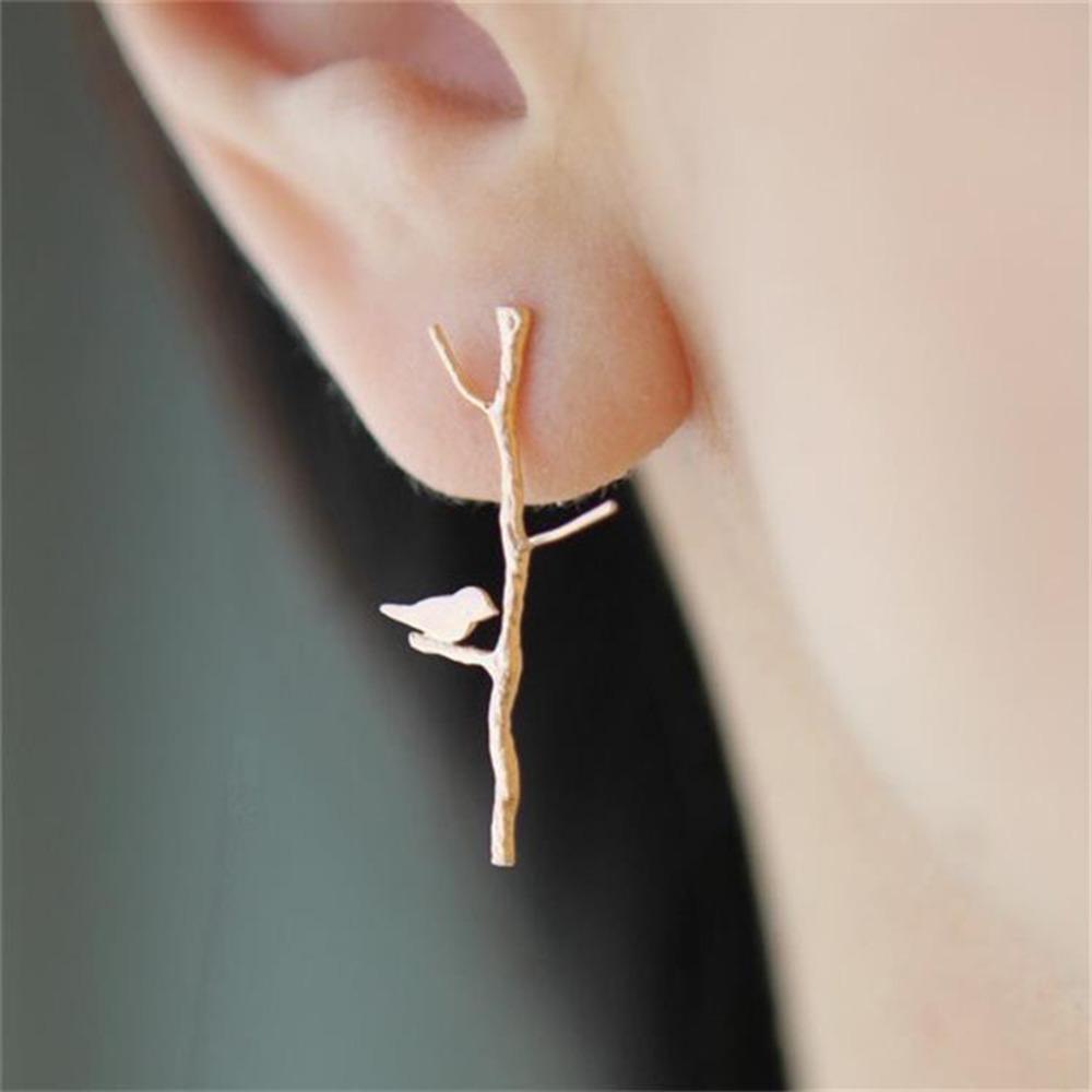 1 Pair Romantic Branch Bird Metal Ear Post Stud Earrings Gold Silver Color Zinc Alloy Women Jewelry Gift