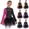 Girls Figure Skating Dress Long Sleeve Sparkling Rhinestones Color Block Patchwork Stage Performance Costume