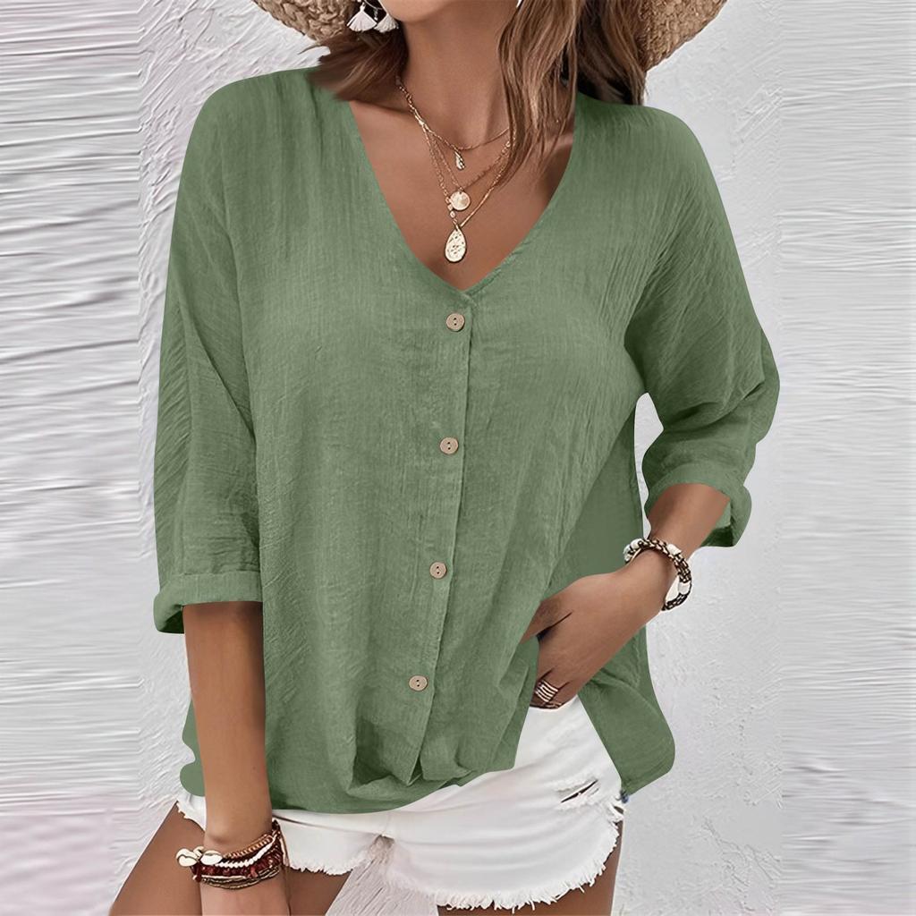 Women's Fashion Casual Solid Color V-Neck Live Button Seven Sleeve T-Shirt Top