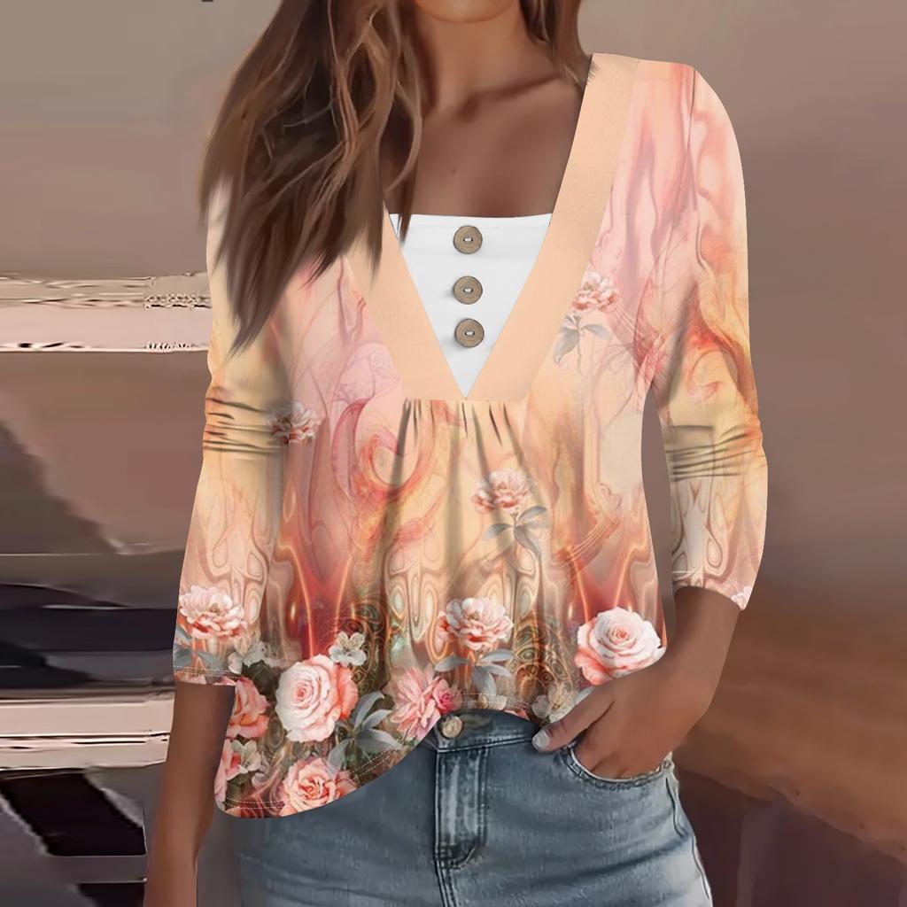 Women's Fashion Casual Long Sleeve Shirt Floral Printed Button V Neck Up Tops