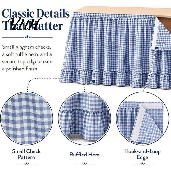 Ruffled Desk Cover for Teachers Plaid Table Skirt, Durable Polyester with Hook And Organized Classroom Supplies Loop Fasteners, Decorative Party