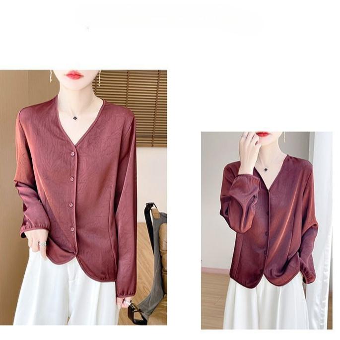 Women's Luxury Satin Blouse Long Sleeve Loose V-Neck Shirt Spring and Summer