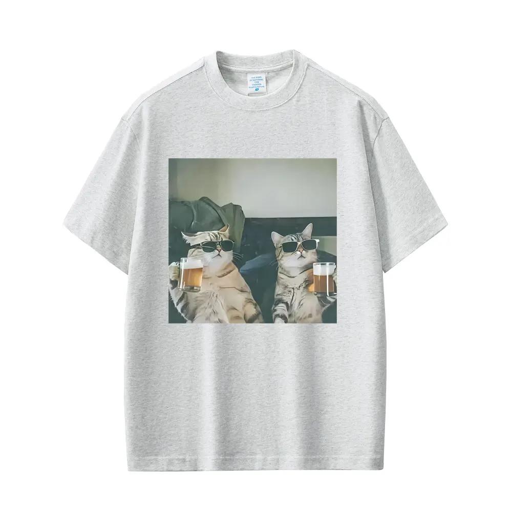 Cool Cat Drinking Beer Funny Emoji T-shirt Men's Casual Cotton Retro Short-sleeved T-shirt Men's Fashion Round Neck T-shirt Tops