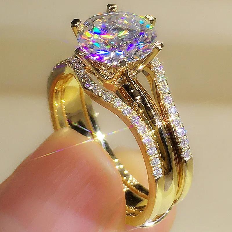 Кольца Huitan Unique Rose Gold Color для женщин, классические, с 6 когтями, с кубическим цирконием, обручальные кольца, ювелирные изделия