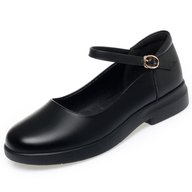 Женские черные туфли на мягкой подошве, одинарные туфли с ремешком-пряжкой, на плоской подошве, с круглым носком, рабочие женские кожаные туфли, женская обувь