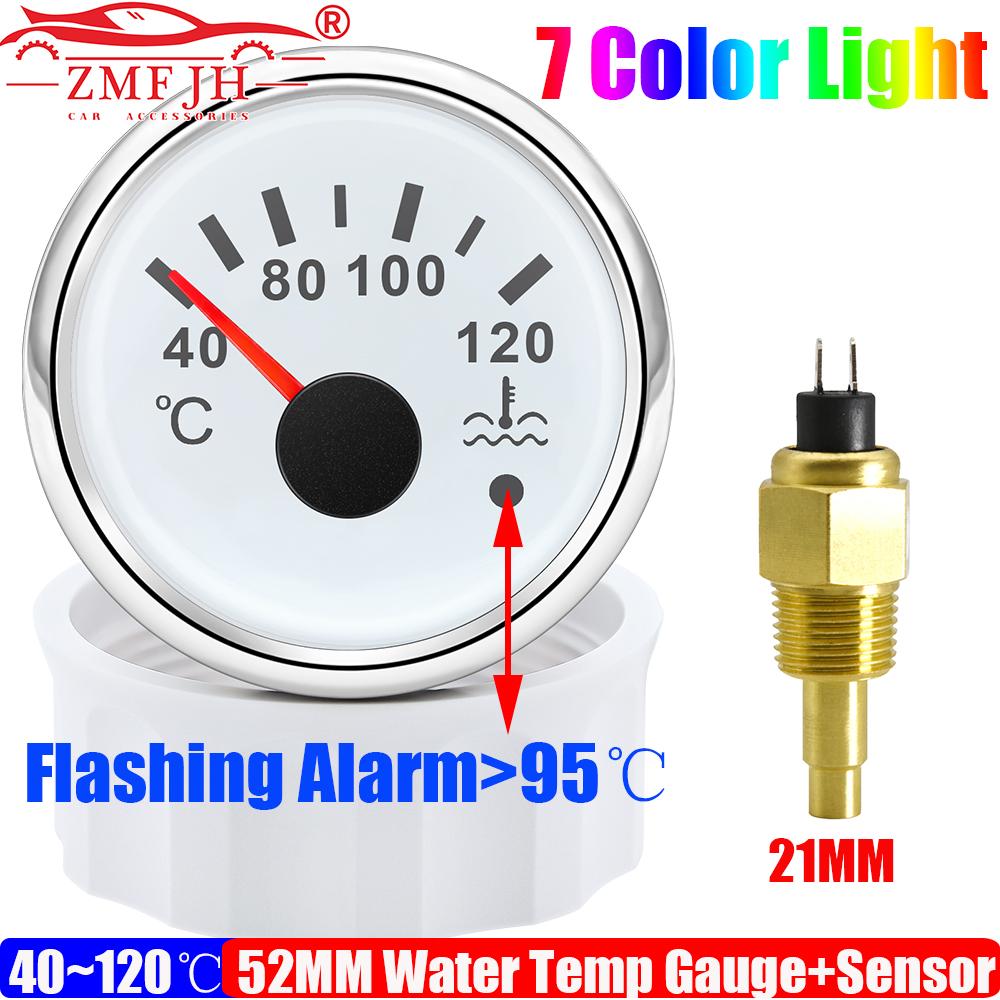 Auto Car 52MM Water Temperature Gauge with Warning Sensor 12MM,14MM,16MM 40-120℃ Water Temp Meter Indicator 7 Color Backlight