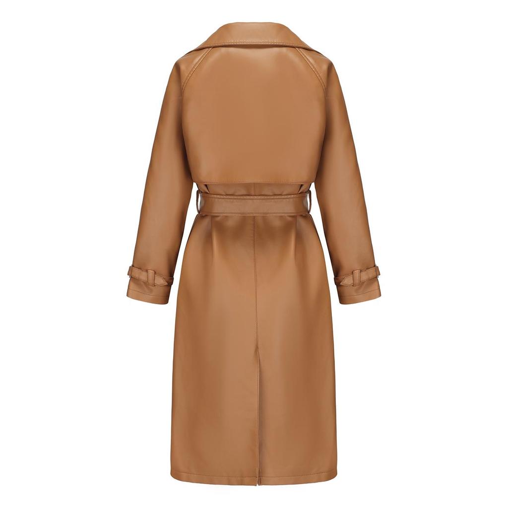 Women’s Coats Faux Leather Lapel Windbreaker PU Loose Three Row Button Trench Coat Classic Overcoat with Belt Autumn Winter Outer Wear