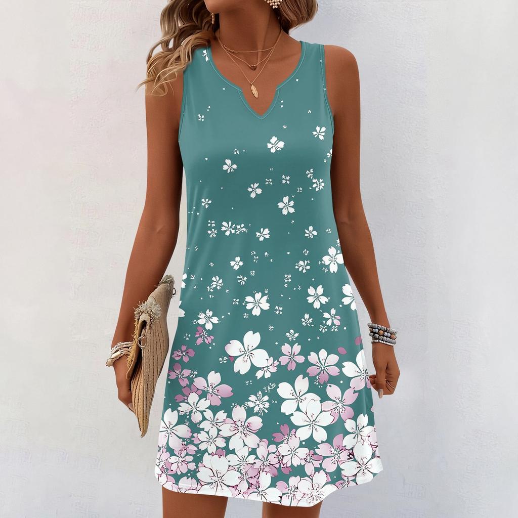 Женские летние платья с V-образным вырезом и принтом без рукавов Сарафан Повседневное платье