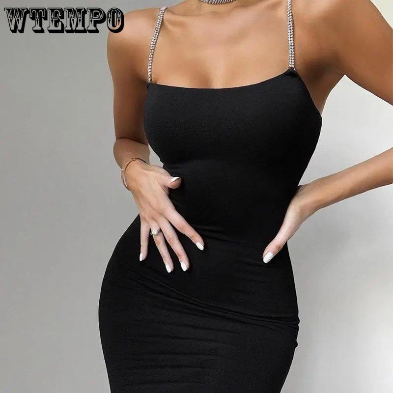 WTEMPO Атласное платье Черное платье на подтяжках Blingbling Brick Glitter Tight Mini Dress Bag Hip Club Dress Новогоднее праздничное платье