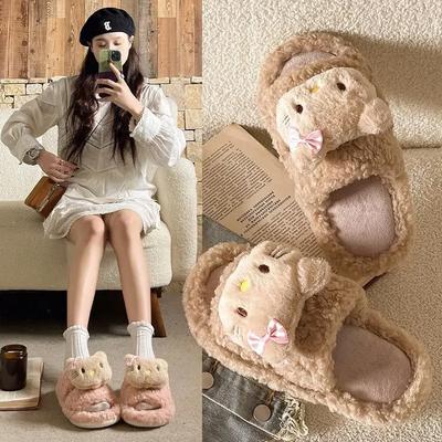 Модные милые тапочки с героями мультфильмов для женщин, зимние теплые тапочки с мягкой подошвой для дома, плюшевые тапочки для пар, нескользящие домашние туфли из хлопка на плоской подошве